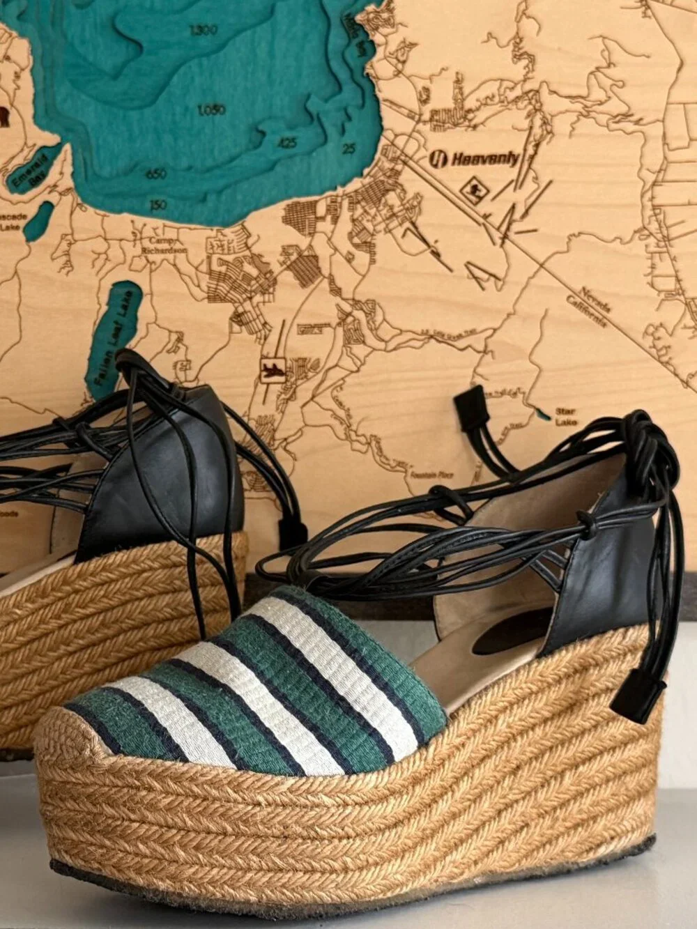 Chloe green striped/ leather straps espadrille wedges/ shoes sz 37 sz US 7